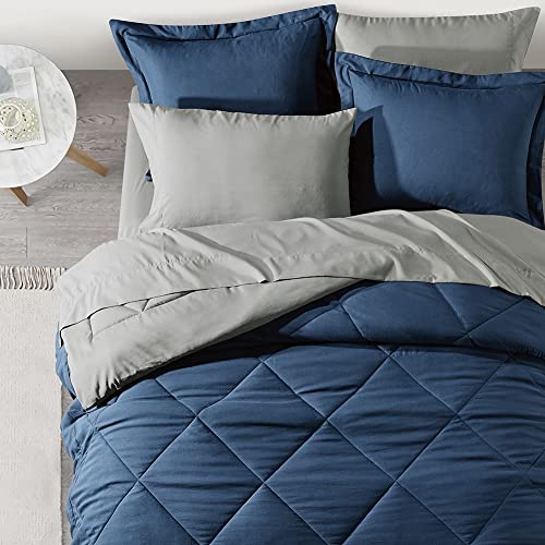 Furnishh 5 Pieces Comforter Set Twin Bed in a Bag, Reversible Bed Set with Comforter, Flat Sheet, Fitted Sheet, Pillowcase & Sham, Navy Blue and Grey Twin Size Bedding Sets for Boys, Girls Furnishh
