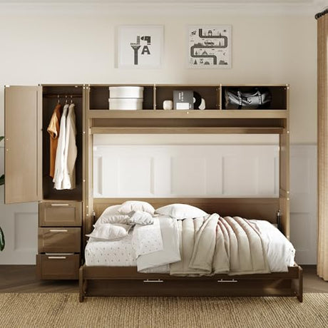 Harper & Bright Designs Full Size Murphy Bed with Wardrobe, Drawers and Open Shelves, Wooden Full Platform Bed, Hidden Foldable Bed Frame, Wall Bed for Home Office or Small Room,Antique Wood Harper & Bright Designs