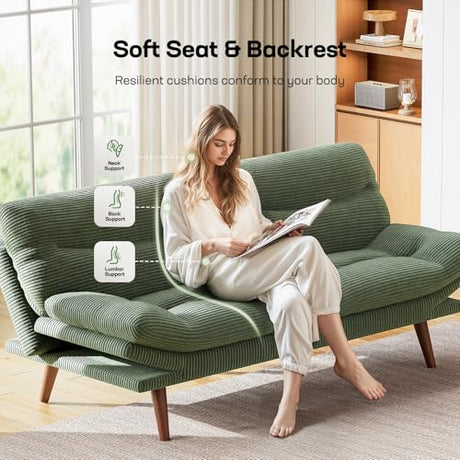 Marsail 66.1" Futon Sofa Bed, Corduroy Convertible Futon Couch with Adjustable Backrest & Armrests, Small Sleeper Sofa Loveseat for Small Apartments, Study Room, Office, Green Marsail
