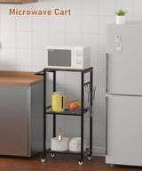 Sungaryard 3-Tier Rolling Kitchen Cart Microwave Stand on Wheel, Movable Coffee Bar Cart with Metal Handle, Bakers Rack with 8 Hooks Utility Cart for Living Room, Bedroom, Bathroom, Office, Black Sungaryard