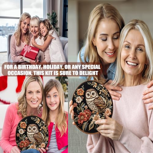 GOLDEN SMILE Embroidery Kit for Beginners Adults - 2-in-1 Frame & Display Hoop (8.2"/21cm), Water-Soluble Pattern, Full Reusable Tools for Easy Start | Owl Floral Art