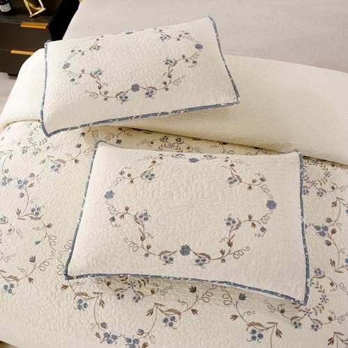 Quilt Set Blue Floral 3D Embroidery Pattern 3 PCS 100% Cotton Reversible Quilted Embroidered Decorative Bedspreads Coverlet Set, Lightweight &Soft Queen Size White Bedding Coverlet for All Season ROOMLIFE