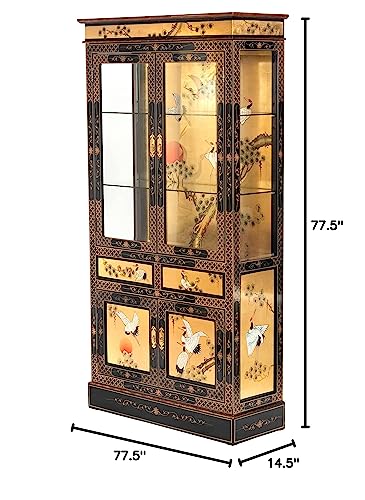 Red Lantern Artisan Crafted Lacquer Curio Cabinet - Gold Leaf with Hand Painted Cranes, Two Door