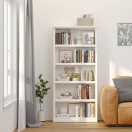 5-Shelf Tall Bookcase in White – Spacious Wooden Bookshelves for Home Office, Living Room, and Bedroom blini