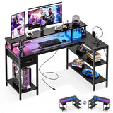 DUMOS 53” Gaming Desk with USB Charging Ports & LED Lights, Reversible L Shaped Desks Computer Corner Gamer Table with Power Outlets Monitor Stand Storage Shelves for Home Office Small Space, Black DUMOS