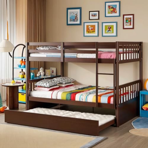 PVWIIK Full Over Full Bunk Bed for Kids Adults Teens Bedroom,Solid Wood Bunk Bed with Trundle & Ladder & Safety Guardrail,Convertible to 2 Separated Bed & No Box Spring Needed, Espresso PVWIIK