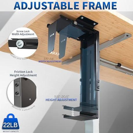 VIVO Adjustable Under Desk and Wall 3.5 to 7.8 inch Wide Office PC Mount, Computer Case CPU Machine Holder Stand with Swivel and Secure Locking, Holds 22 lbs, Black, MOUNT-PC01 VIVO