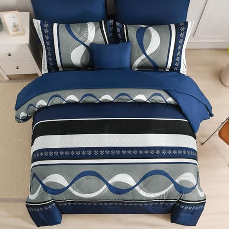 Anibedding Navy Blue Comforter Set Queen Size,8 Pieces Boho Bed in a Bag Patchwork Striped Comforter Set, Soft Microfiber Bedding Set for All Season(90"×90") Anibedding