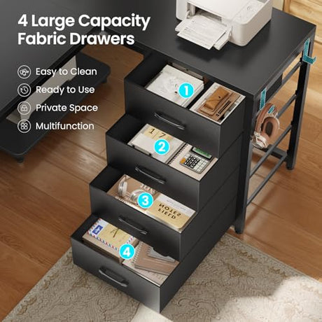 SEDETA 67" U Shaped Desk with 4 Fabric Drawers, Reversible Corner Computer Desk with Power Outlet & CPU Shelf, L Shaped Office Desk with Pegboard for Home Office, Black SEDETA