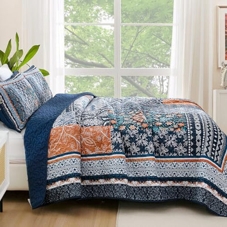 WONGS BEDDING Navy Blue Quilt Set King Size,Bohemian Patchwork Bedspread Coverlet Set, Reversible Farmhouse Floral Pattern Bedspreads Bedding Set for All Seasons (104"x90") WONGS BEDDING