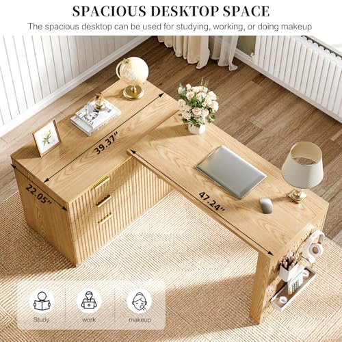 Ieejdn L Shaped Standing Desk,47" Home Office Desks, Executive, Farmhouse Computer Desk with 6 Drawers File Drawer, Rustic Computer Writing, Oak Ieejdn