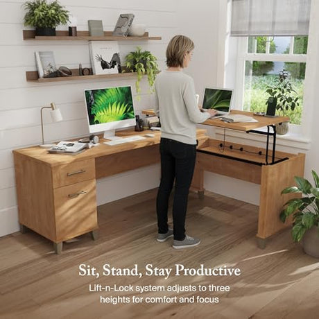 Bush Furniture Somerset 72W 3 Position Sit to Stand Adjustable Standing L Shaped Desk in Maple Cross, Ergonomic Corner Computer Office Table Bush Home