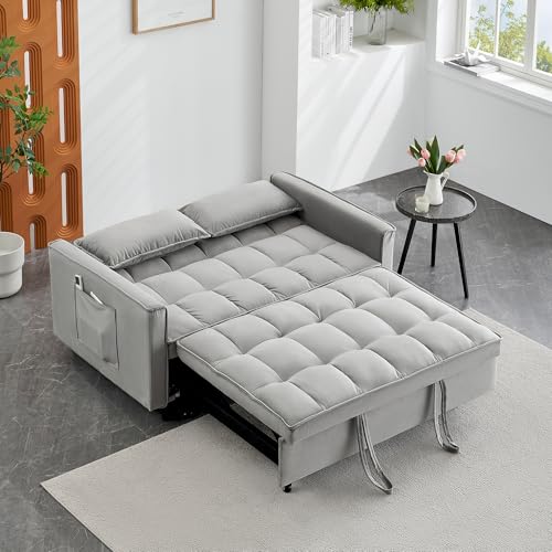 Anwick Modern Sleeper Sofa Bed,3-in-1 Convertible Pull Out Couch Bed Futon Sofa w/Reclining Adjustable Backrests,Pillows,55''Velvet Loveseat Sofa for Compact Home Bedroom Office (Grey, 55'') Anwick