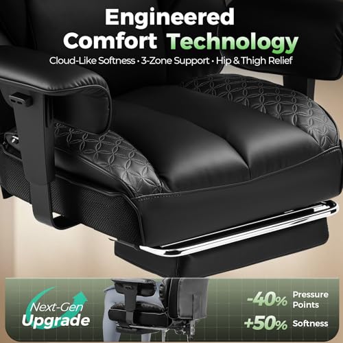 GTPOFFICE Big and Tall Office Chair 400LBS Wide Seat Computer Gaming Chair with Footrest & Comfy Lumbar Support, Leather High Back Executive Chair with Ergonomic Pressure Relief Seat Cushion, Black GTPOFFICE