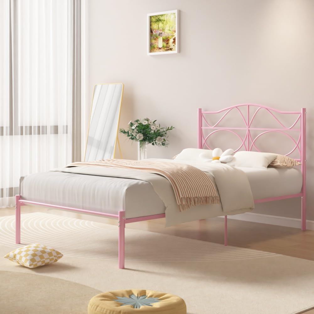VECELO Twin Size Bed Frame, Metal Bed Platform with Headboard, Sturdy Steel Slats Support, No Box Spring Needed/Noise-Free,Easy Assembly, Pink VECELO