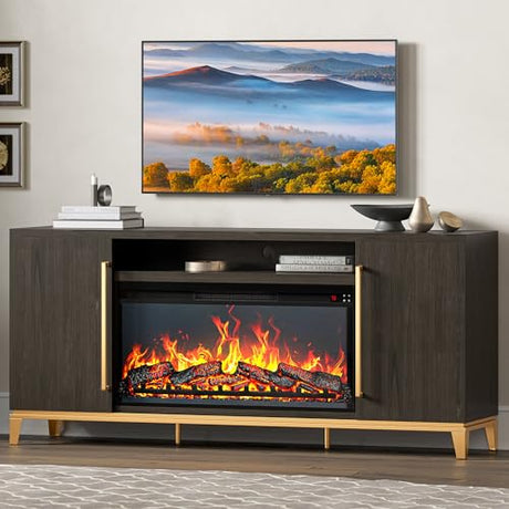 BELLEZE Fireplace TV Stand with 36" Electric Fireplace with Sound, Entertainment Center for TVs Up to 75", TV Console with Storage Cabinet and Open Shelf for Living Room, Bedroom-London (Dark Walnut) BELLEZE