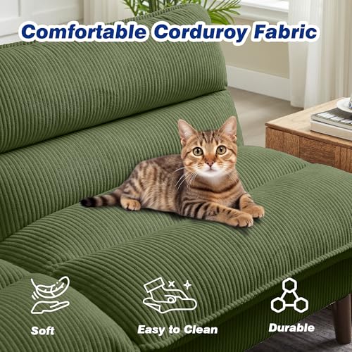 Chireca 72" Futon Sofa Bed, Convertible Futon Couch with Adjustable Backrest, Modern Corduroy Sleeper Sofa for Small Spaces, Living Room, Office, Green Chireca