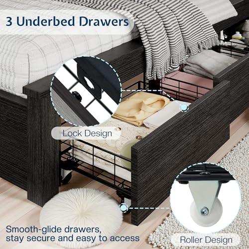 Jocisland Twin Bed Frame with Storage Drawers, Bookcase Headboard, USB Charging, RGB Lights, Farmhouse Wood Daybed, No Box Spring Needed, Black Jocisland