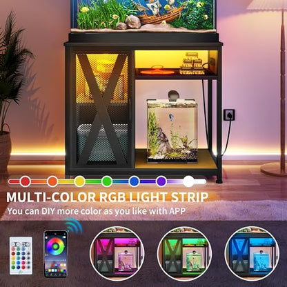 DWVO 40-50 Gallon Aquarium Stand with Power Outlets & LED Light, Cabinet for Fish Tank Accessories Storage - Metal Fish Tank Stand Suitable for Turtle Tank, Reptile Terrarium, 660LBS Capacity - WoodArtSupply