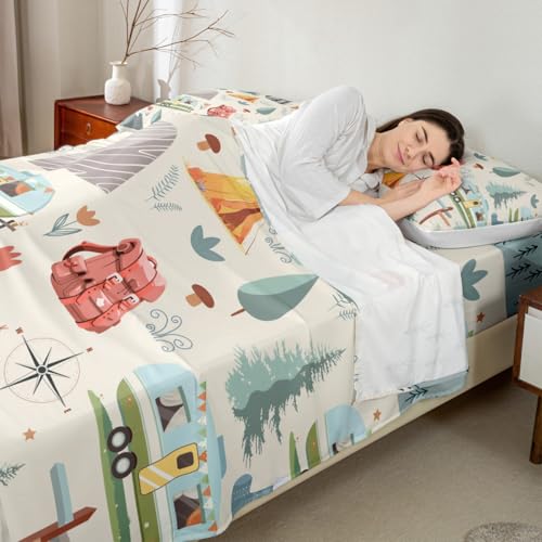 Erosebridal Summer Camp Camper King Bed Sheets for Kids Child Camping Adventure Bedding Set for Boys Girls Bedroom Travel Car Rv Accessories Sheet Set Botanical Flowers Mountain Top Sheet,4 Pcs Erosebridal