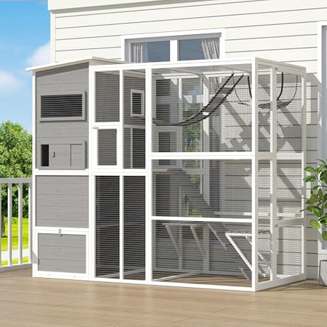 Large 4-Tier Outdoor Cat Enclosure Walk-in Catio with Weatherproof Solid Wood House, Connect to Window, 4 Platforms, 4 Private Resting Rooms & Bridge, for Multiple Cats (Grey) GZPATICY