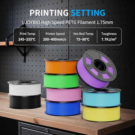 UJOYBIO PETG Filament 1.75mm 250G*8, 3D Printer Filament Bundle, High Strength & Tangle-Free, Dimensional Accuracy +/- 0.03mm, Easy to Use, Fit for Most FDM 3D Printers, 0.25KG Spool, 8 Packs Bundle UJOYBIO