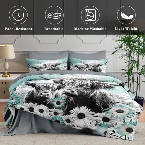 WeCozy 7 Pcs King Size Comforter Set with 2 Pillowcases & 2 Shams, Highland Cow Animal Bedding for Kids and Adults, Farm Daisy Bed in a Bag with Flat Fitted Sheet WeCozy