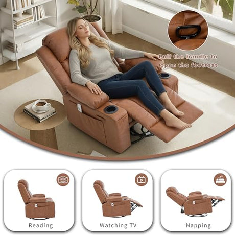 GAOHAPY Rocker Recliner Chair with Heat and Massage,360°Swivel Nursery Recliner Chair for Adults,Oversized Recliner Single Sofa Seat with 2 Cup Holders and Side Pocket (Brown) GAOHAPY