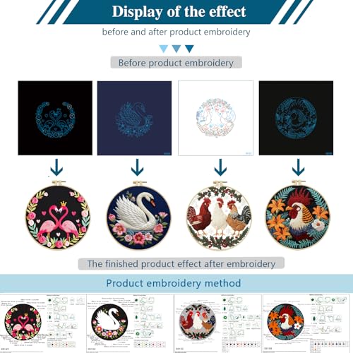 Zhenqing Birds Embroidery Kit for Beginners, 4 Circular Designs with 20cm Hoop, Pre-Printed 29x29cm Fabric & Threads - Flamingo, Swan, Chicken, Rooster Patterns for Home Decor(C0180)