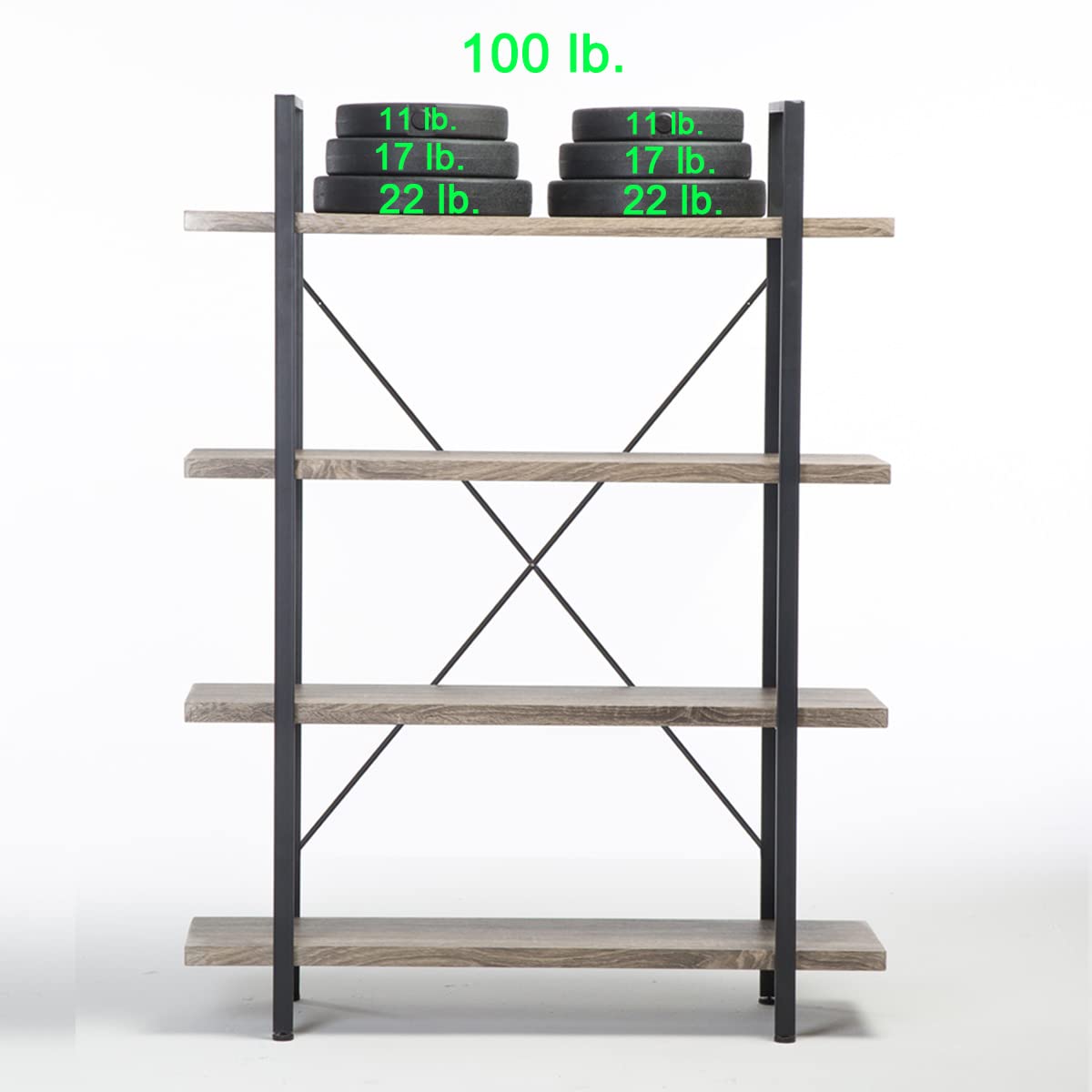 HSH 4-Shelf Vintage Industrial Bookshelf, Rustic Gray Wood and Metal 4 Tier Bookcase, Open Wide Etagere Book Shelf for Home Office Livingroom Bedroom Dispaly, Light Grey Oak HSH