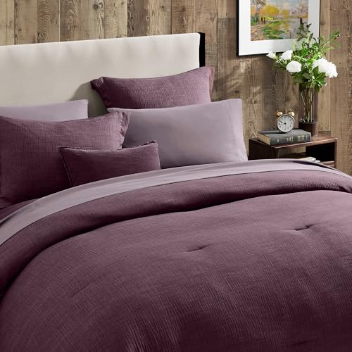 Geniospin Purple Queen Comforter Set - 7 Pieces Egglant Comforter Queen Size, Solid Bedding Set for All Season, Textured Bed in a Bag with Sheets Geniospin
