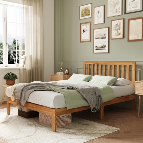 Novilla Queen Bed Frame with Headboard, Solid Wood Bed Frame Foundation with Wood Slat Support, No Box Spring Needed, Easy Assembly, Oak Novilla