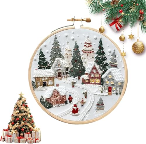 AZKRWFLM Christmas Village Embroidery Kit for Adults – DIY Winter Snow Scene Hand Embroidery Set with Pattern Manual, Holiday Decor Craft Kit for Beginners,
