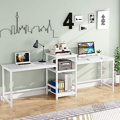 Tribesigns 96.9" Double Computer Desk with Printer Shelf, Extra Long Two Person Desk Workstation with Storage Shelves, Large Office Desk Study Writing Table for Home Office, White - WoodArtSupply