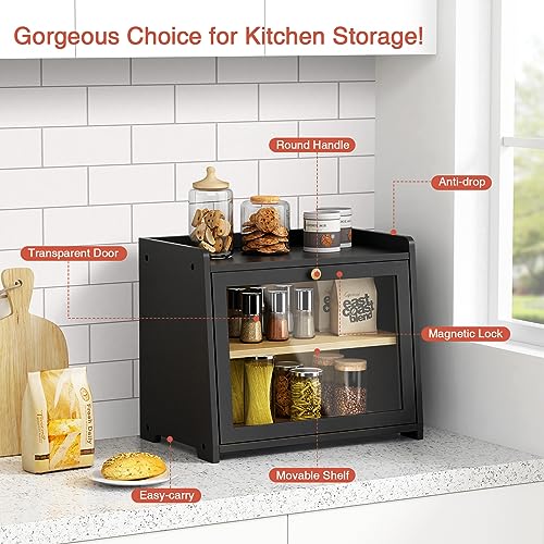 Goozii Black Bread Box for Kitchen Countertop, Large Bread Storage Container for Homemade Bread, Wood Farmhouse Breadbox Organizer for Kitchen Counter Corner, Cabinet, Pantry, Cupboard (Black) Goozii