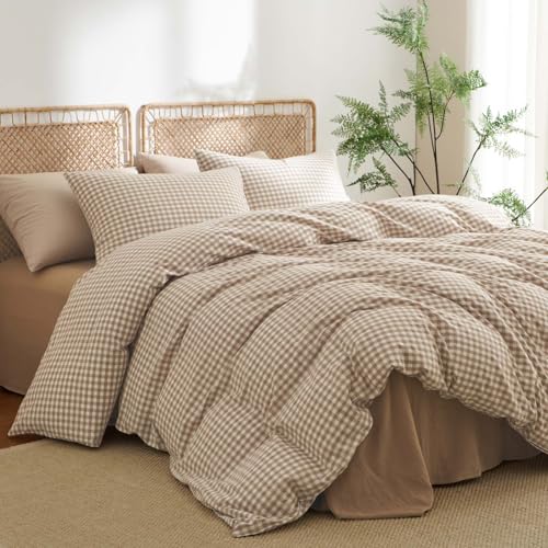 Nayoroom Gingham Duvet Cover Queen Size 100% Washed Cotton Brown Tan Plaid Checkered Comforter Cover 3 Pcs Soft Breathable Grid Farmhouse Dorm Bedding Set for All Seasons Nayoroom