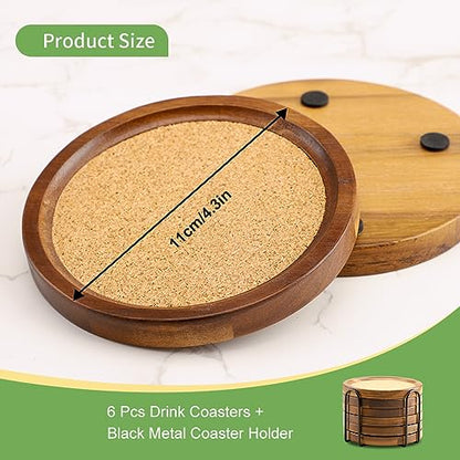 Wood Cork Coasters for Drinks Absorbent with Holder, Acacia Wood Coaster Sets Rustic Farmhouse for Coffee Table Dining Table Wooden Table Coasters for Desk, Set of 6 4.33in