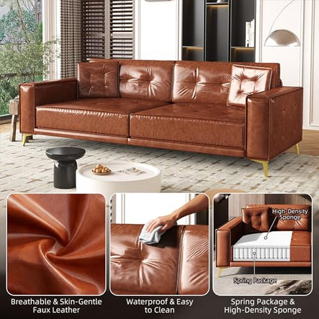 LuxyHoom 92.1'' Pull Out Sofa Bed King, Faux Leather Futon Couch, 3-in-1 Convertible Sleeper Sofa with Tufted Back, Gold Furniture Legs, Deep Loveseat for Living Room, Apartment, Office, Light Brown LuxyHoom