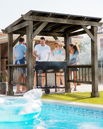 GarveeLife Wooden Grill Pergolas, 8.5 x 5.5ft Barbecue Pergolas Canopy with Insulated Sloping Steel Roof - Ideal for BBQ, Patio, Deck, and All-Weather Cooking in Your Outdoor Space