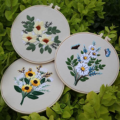 Embroidery Kit for Beginners,Cross Stitch Kits for Adults DIY Craft 3pcs Embroidery Pattern Needlework Fabric Embroidery Thread and Needles 1pcs Embroidery Hoop Adult Stitch Stuff Sewing Kit Gift