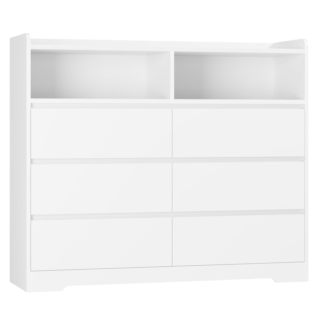 FOTOSOK White Dresser, 47.2" White Modern Chest of Drawers with 2 Open Cabinets, Handless Design Dresser with 6 Drawers, Wood Dressers Storage Drawers for Home & Office FOTOSOK