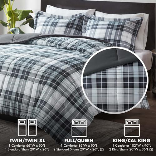 Madison Park Essentials Parkston Plaid Comforter, Matching Sham, 3M Scotchguard Stain Release Cover, Hypoallergenic All Season Bedding-Set, Full/Queen, Black, 3 Piece Madison Park