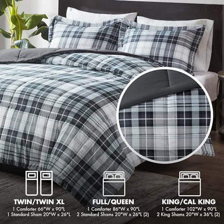 Madison Park Essentials Parkston Plaid Comforter, Matching Sham, 3M Scotchguard Stain Release Cover, Hypoallergenic All Season Bedding-Set, Full/Queen, Black, 3 Piece Madison Park
