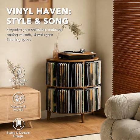 YKLYTBD Record Player Stand with Vinyl Storage, Corner Turntable Stand Holds Up to 110 Albums, 2-Tier Mid-Century Modern Media Console & End Table for Small Spaces YKLYTBD