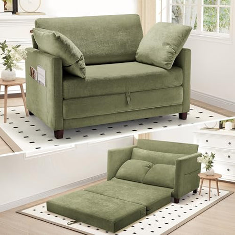 51" Convertible Loveseat Sofa Bed, 2 in1 Folding Sofa Bed, Loveseat Sleeper Sofa for Small Spaces, Fold Out Floor Couch with 2 Pillows for Apartment, Living Room & Guest Room, Green Chenille Fabric Myroyalsit
