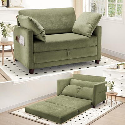 51" Convertible Loveseat Sofa Bed, 2 in1 Folding Sofa Bed, Loveseat Sleeper Sofa for Small Spaces, Fold Out Floor Couch with 2 Pillows for Apartment, Living Room & Guest Room, Green Chenille Fabric