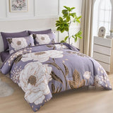 Luxudecor Floral King Comforter Set 7 Pieces Bed in a Bag, White Flower Print on Light Purple Bedding Set, Soft Reversible Comforter with Sheet Set 104"x90" Luxudecor