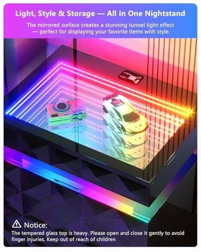 Dystler Night Stand with Charging Station and RGB Lights, LED Nightstand with Tempered Glass and Sliding Top, 3 Drawers Bedside Table with Hidden Storage, Lockable End Side Table for Bedroom, Black Dystler