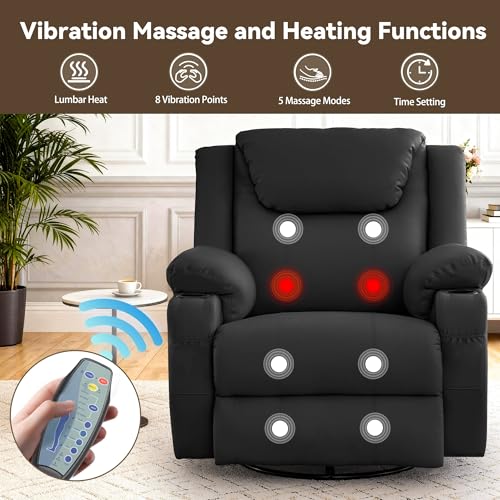Korser Oversized Recliner Chair, 360° Swivel Recliner for Adults,Swivel Rocker Recliner Chair with Heat and Massage, Manual Recliner with Remote Control and Cup Holders for Living Room, Faux Leather Korser