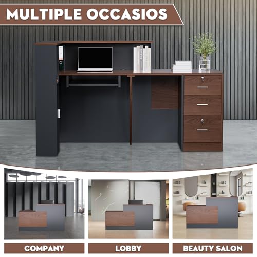 L-Shaped Modern Large Wooden Commercial Reception Desk with Counter & Shelves, Front Reception Desk Counter Table with Storage, Drawers for Offices,Home (Brown + Black, Left- 71''L x 42''W x 41''H) Drexo